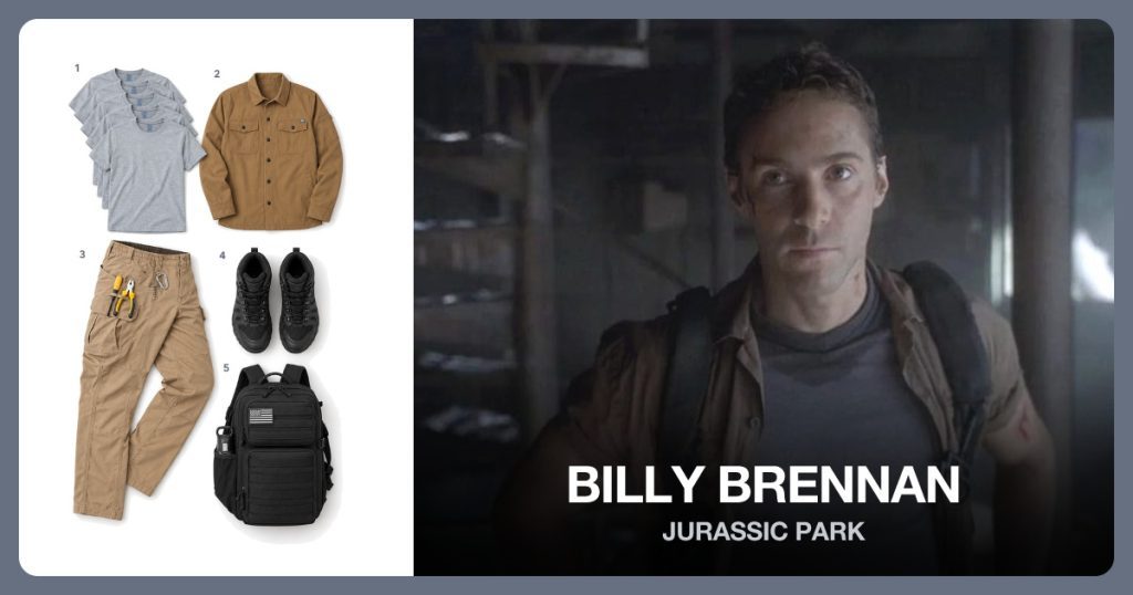 Billy Brennan costume from Jurassic Park: Gray Crew Neck Shirt, Brown Field Overshirt, Khaki Cargo Pants, Black Hiking Boots
