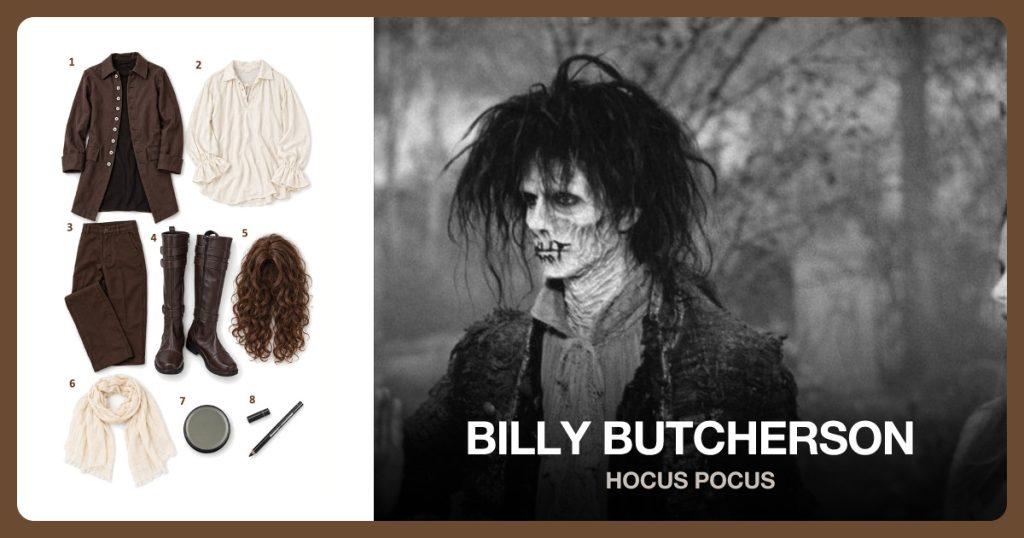 Brown Colonial Coat, Cream Poet Shirt, Brown Trousers and Brown Costume Boots beside Billy Butcherson