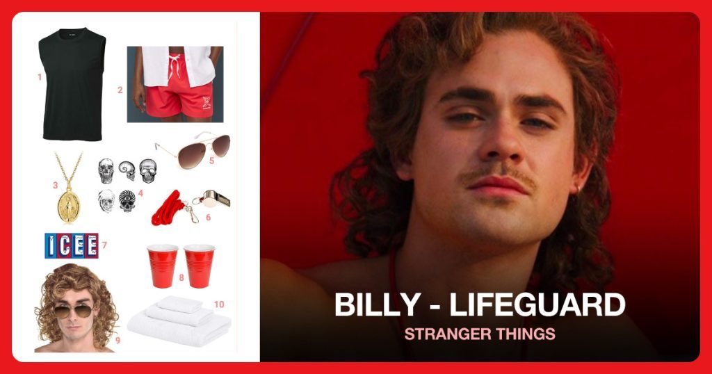 Black Sleeveless Shirt, Swim Shorts, Gold Necklace and Temporary Skull Tattoo beside Billy - Lifeguard