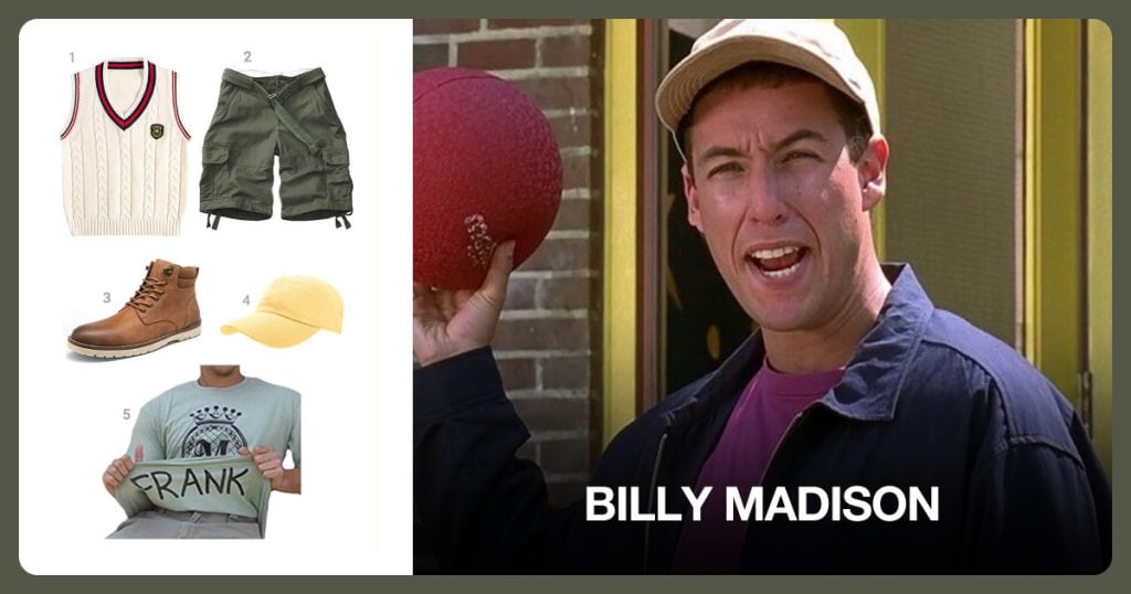 V-Neck Knitted Sweater Vest, Men’s Cargo Shorts, Work Boots and Men’s Cargo Shorts beside Billy Madison