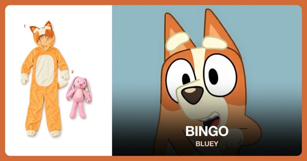 Bingo Kids Costume and Floppy Bunny Plush beside Bingo