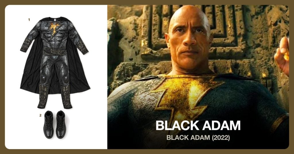 Black Adam Costume Set and Black Combat Boots beside Black Adam