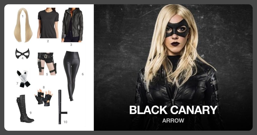 Long Straight Blonde Full Wig, Cool DRI Performance Tee, Leather Moto Jacket and Leather Eye Patch Mask beside Black Canary