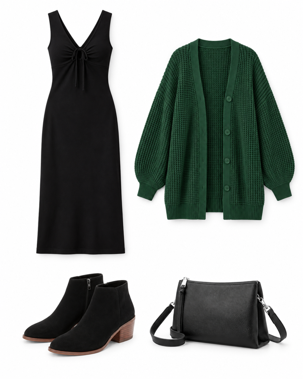 Black knit midi dress, emerald cardigan, black ankle boots and black leather crossbody laid flat