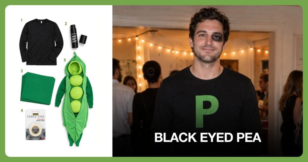 Black Long-Sleeve T-Shirt, Black Face Paint Stick, Green EVA Craft Foam Sheets and Removable Fabric Tape beside Black Eyed Pea