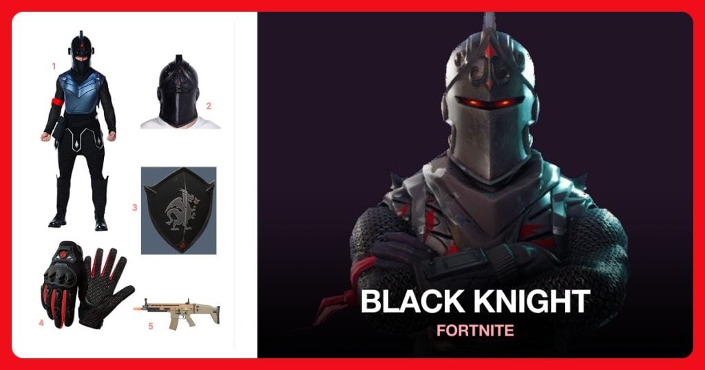 Black Knight Costume Set, Black Knight Helmet, Black Knight Shield and Black Gloves beside Black Knight