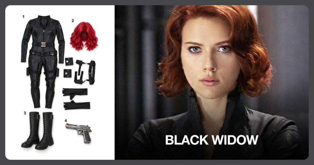 Black Widow Costume Set, Red Wavy Bob Wig, Black Knee-High Boots and Gray Foam Pistol Prop beside Black Widow