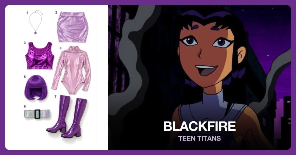 Purple Gem Necklace, Metallic Purple Skirt, Metallic Purple Crop Top and Silver Metallic Bodysuit beside Blackfire