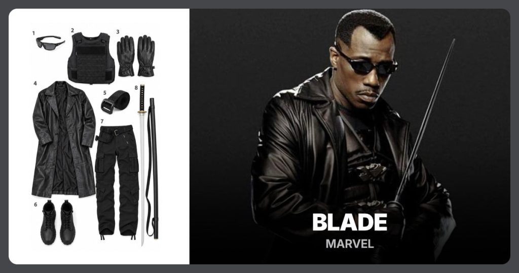 Black Sunglasses, Black Tactical Vest, Men’s Leather Gloves and Black Faux Leather Trench Coat beside Blade