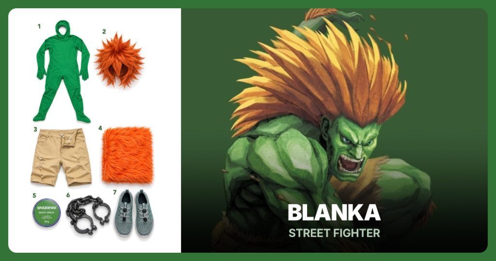 Green Open-Face Bodysuit, Orange Spiky Wig, Khaki Distressed Shorts and Orange Faux Fur Fabric beside Blanka