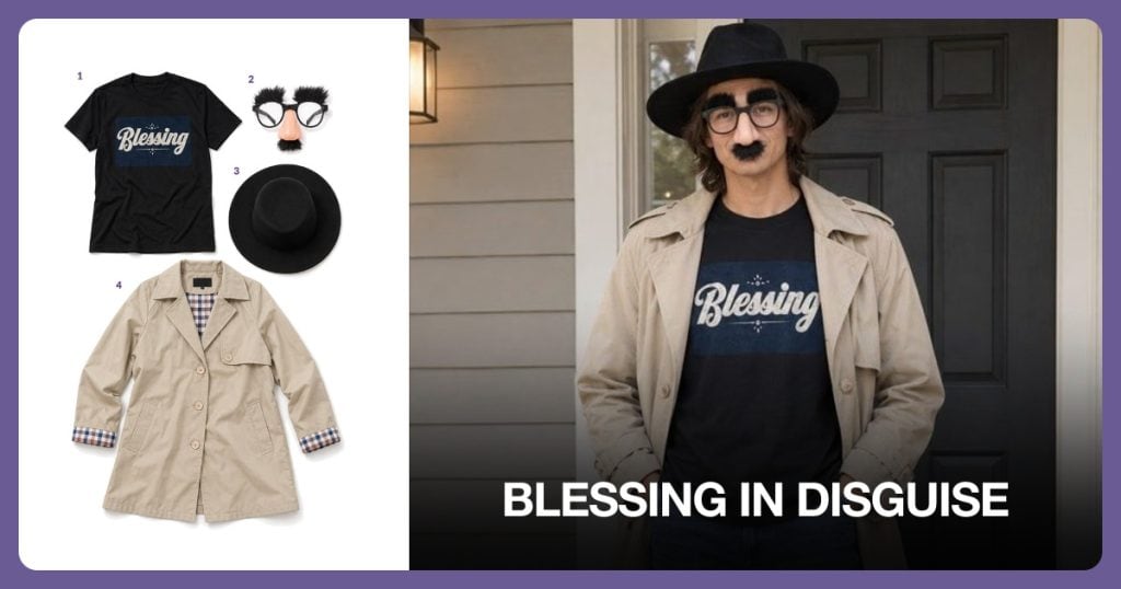 Blessing T-Shirt, Glasses And Mustache Disguise, Black Wide Brim Fedora and Beige Trench Coat beside Blessing in Disguise