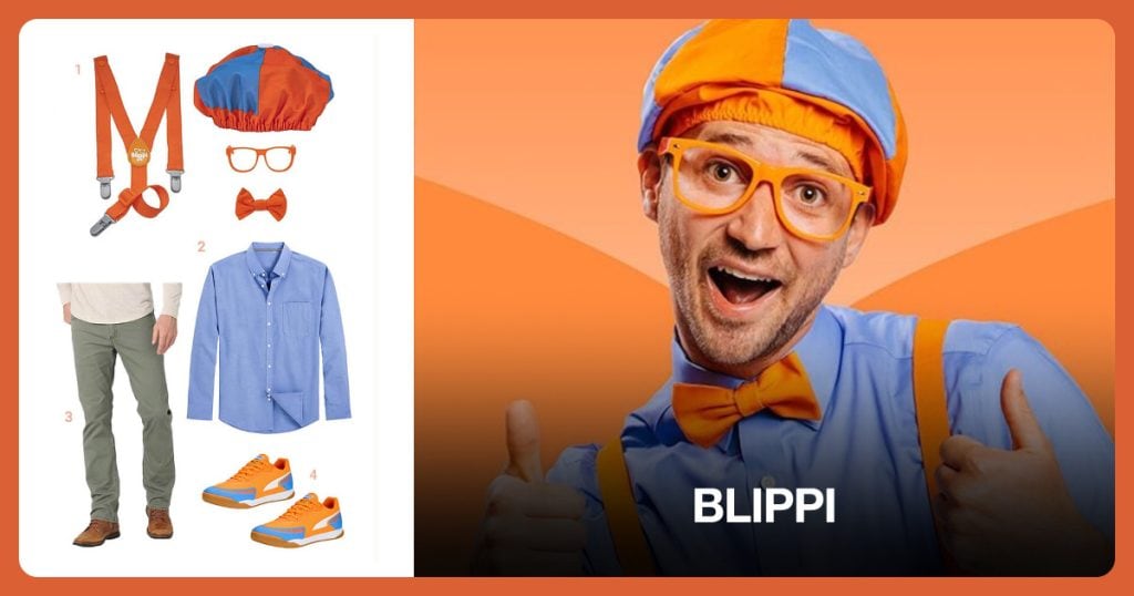 Blippi Dress Up Set, Blue Button Down Shirt, Men’s Slim Fit Jeans and Orange and Blue Men’s Sneaker beside Blippi