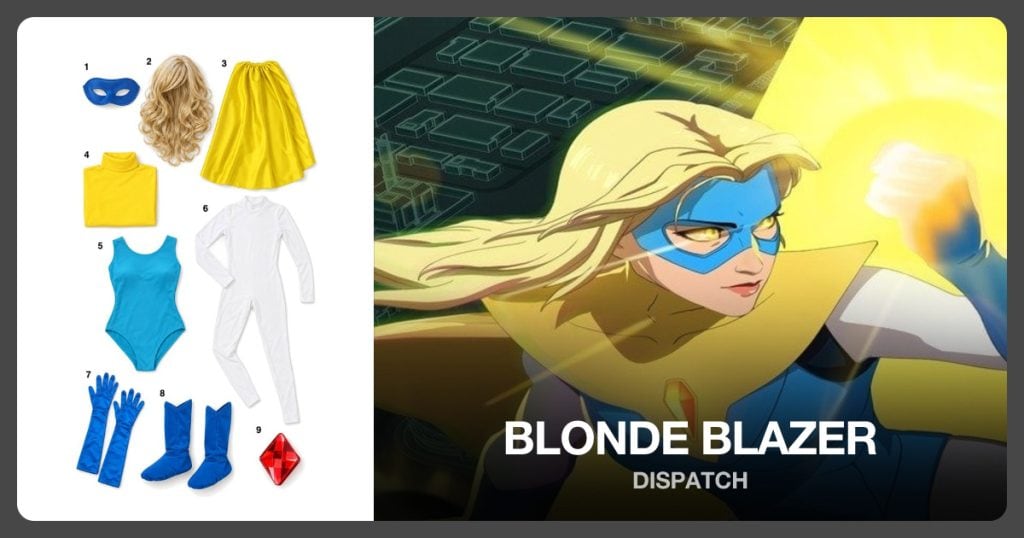 Superhero Mask, Blonde Wavy Wig, Yellow Superhero Cape and Yellow Fake Turtleneck beside Blonde Blazer