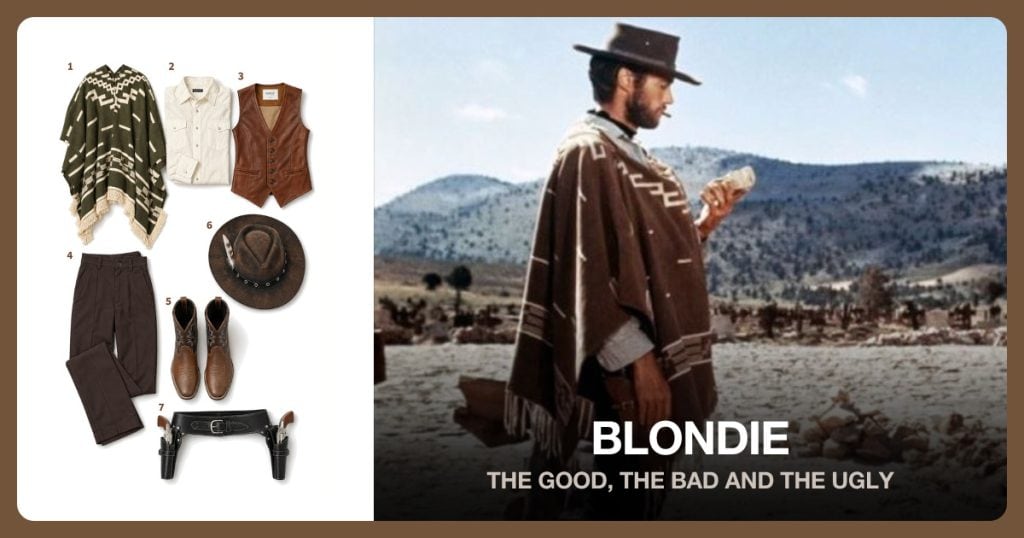 Olive Western Poncho, Cream Western Shirt, Brown Leather Vest and Brown Straight-Leg Trousers beside Blondie