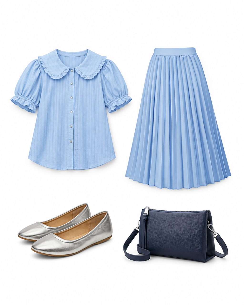 Sky-blue Peter Pan blouse, blue pleated midi skirt, silver ballet flats and navy crossbody laid flat