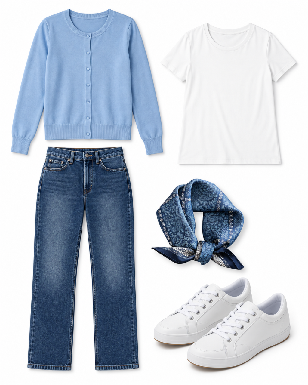 Powder-blue cardigan, white tee, dark straight jeans, blue paisley scarf and white sneakers laid flat