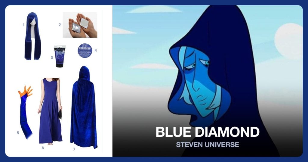 Long Straight Wig, Adhesive Diamonds, Tube Acrylic Paint and Blue Face Paint beside Blue Diamond