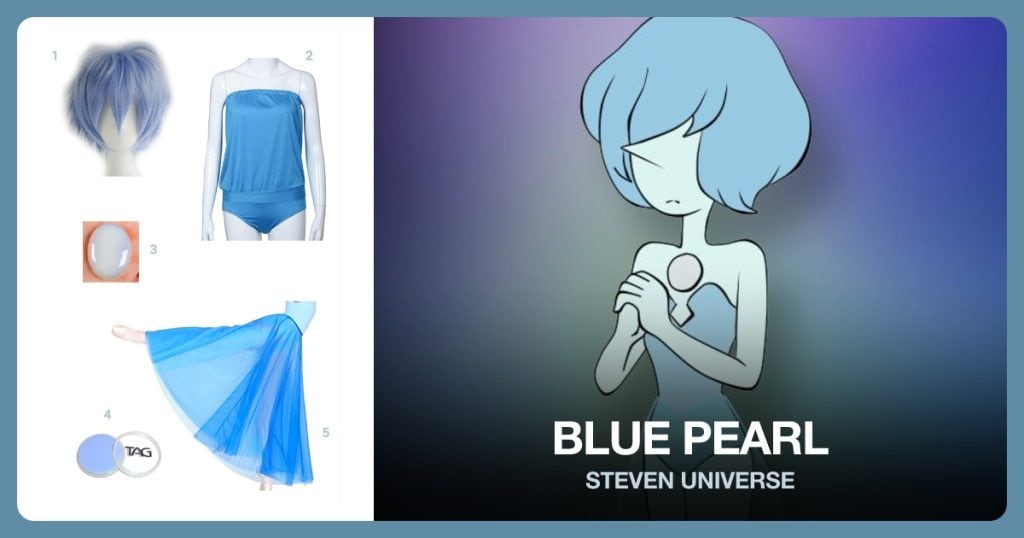Sky Blue Short Hair Wig, Blue One-Piece Swim Suit, Oval Flat Back Gem Stone and Powder Blue Face Paint beside Blue Pearl
