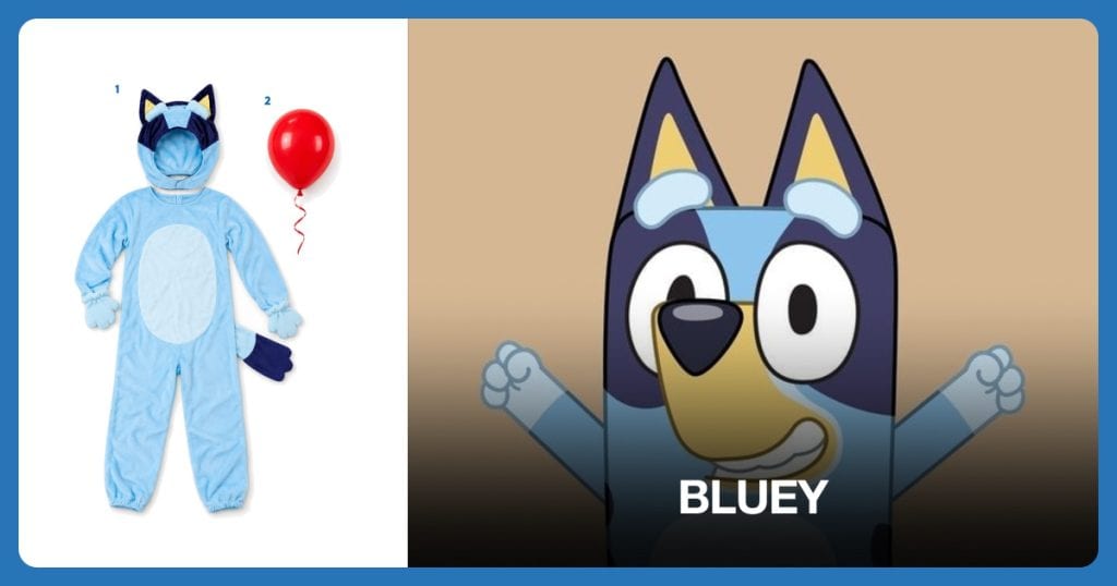 Bluey Kids Costume and Red Balloons beside Bluey