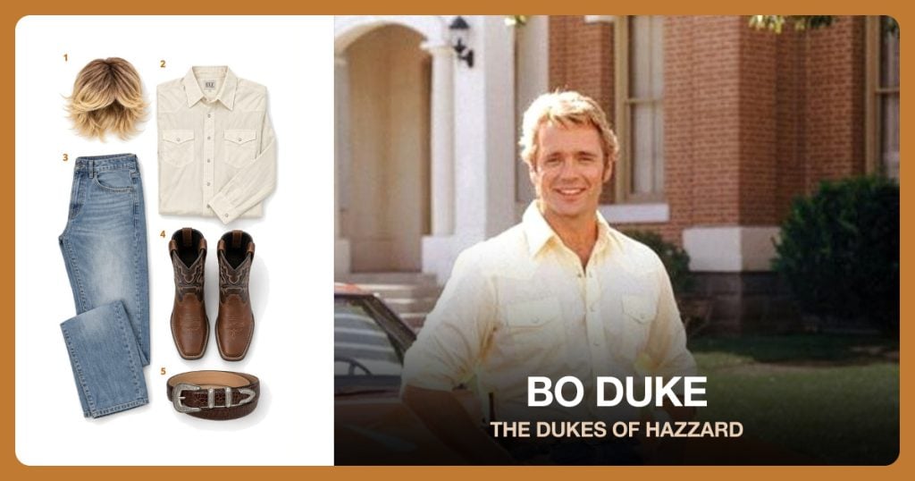 Feathered Blond Wig, Light Tan Western Shirt, Medium-Wash Blue Jeans and Brown Cowboy Boots beside Bo Duke