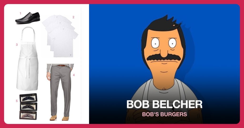Black Slip On Dress Shoes, Crew Neck T-Shirt, Chef Works Bib Apron and Gray Khaki Pants beside Bob Belcher