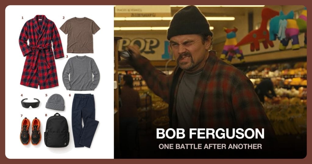 Red Plaid Flannel Robe, Brown T-Shirt, Gray Thermal Shirt and Black Wraparound Sunglasses beside Bob Ferguson (One Battle After Another)