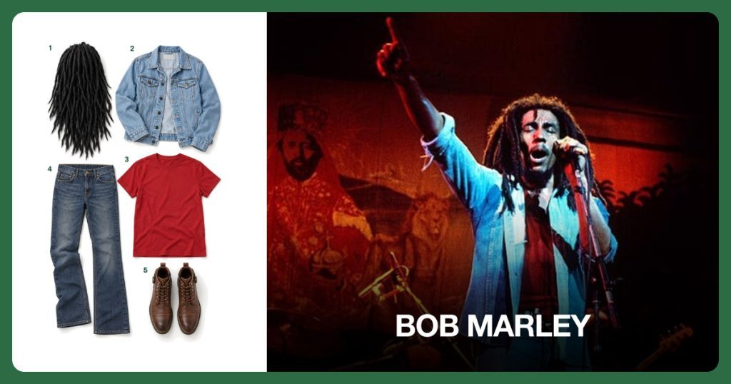 Long Dreadlock Wig, Light Blue Denim Jacket, Red Crew-Neck T-Shirt and Blue Bootcut Jeans beside Bob Marley