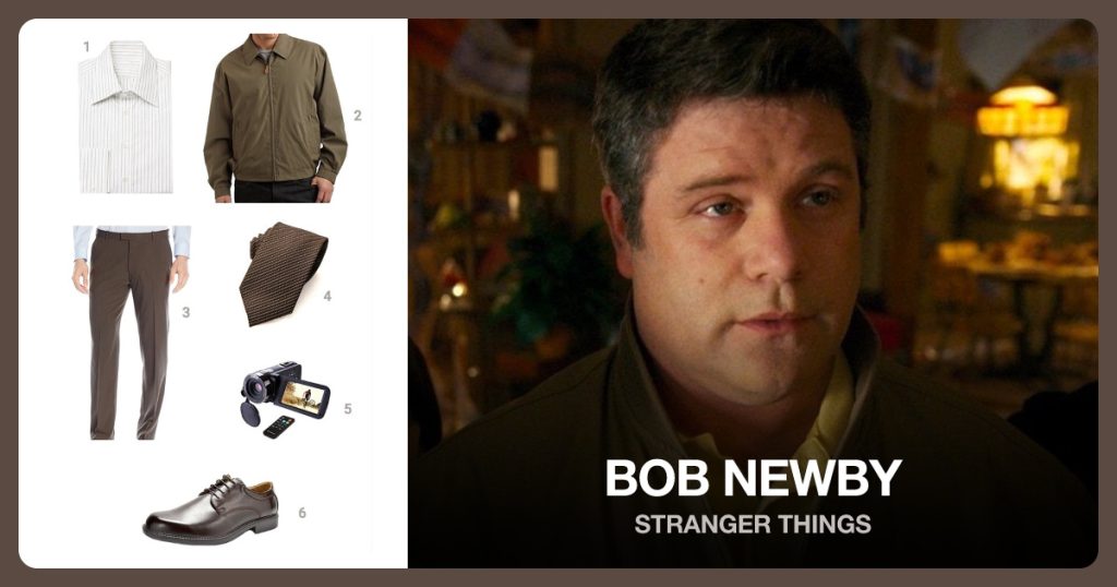 White Pinstripe Button Down Shirt, Golf Jacket, Brown Pants and Brown Striped Tie beside Bob Newby
