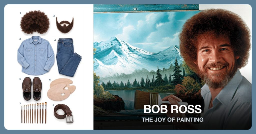 Brown Curly Wig, Brown Costume Beard, Blue Chambray Shirt and Blue Jeans beside Bob Ross