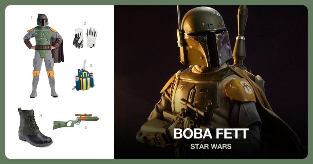 Men’s Star Wars Boba Fett Costume, Neff Men’s Glove, Boba Fett Jet Pack Backpack and Men’s Dixon Rain Boot beside Boba Fett