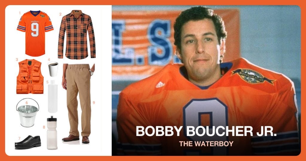 #9 Football Jersey, Flannel Shirt, Multi Pocket Outdoor Vest and Paper Cups beside Bobby Boucher Jr.