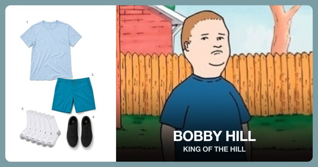 Pale Blue T-Shirt, Teal Knee-Length Shorts, Tall White Crew Socks and Black Low-Top Sneakers beside Bobby Hill