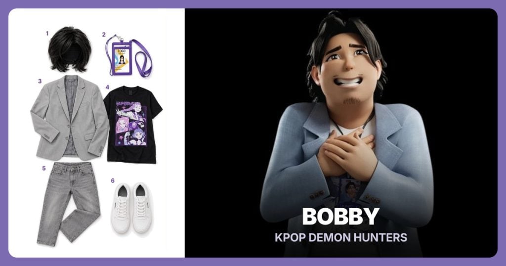 Shoulder Length Black Wig, ID Badge, Light Gray Sports Blazer and Black HUNTR/X Graphic T-Shirt beside Bobby