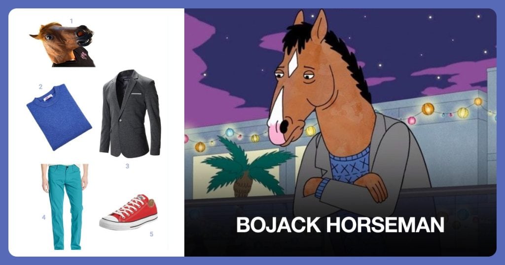Horse Head Mask, Crew-Neck Sweater, Premium Blazer Jacket and Twill Stretch Span Pants beside BoJack Horseman