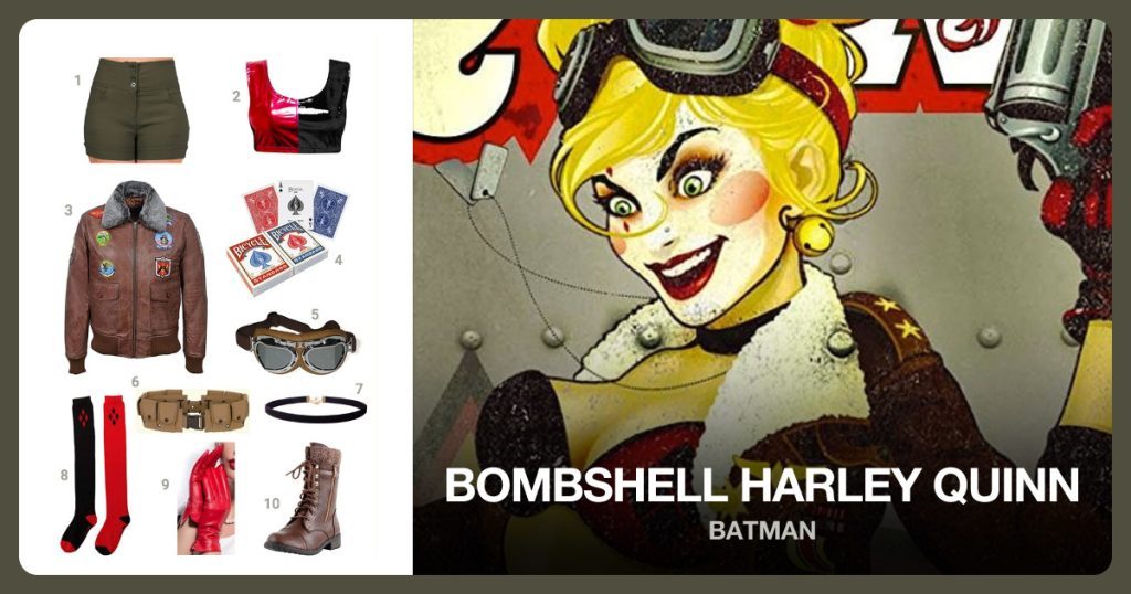 Sailor Shorts, Black and Red Sports Bra, Bomber Jacket and Card Deck beside Bombshell Harley Quinn
