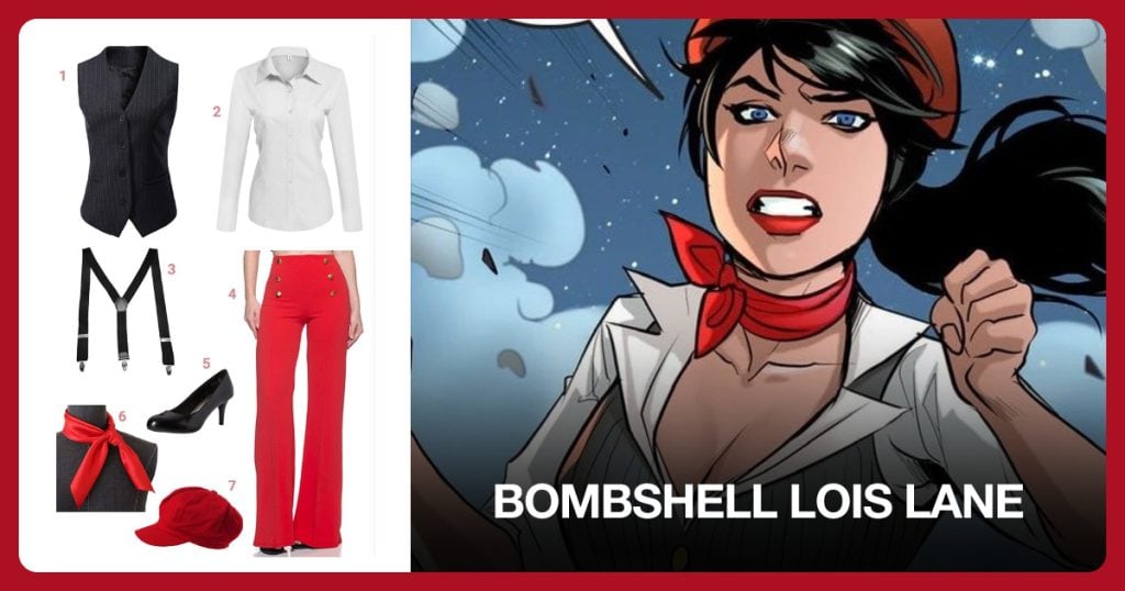 Dressy Suit Vest, White Long Sleeve Blouse, Black Suspenders and Red High Waisted Pants beside Bombshell Lois Lane