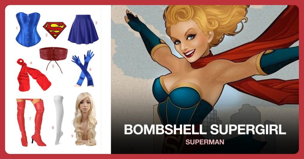 Blue Corset, Superman Patch, Blue Mini Skirt and Red Scarf beside Bombshell Supergirl