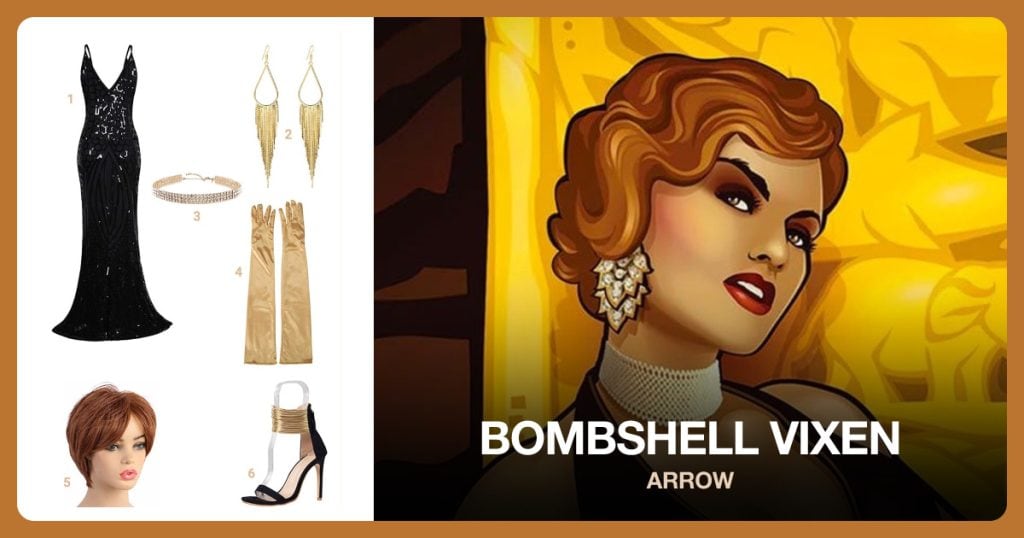Black Evening Dress, Gold Earrings, Gold Choker and Gold Gloves beside Bombshell Vixen