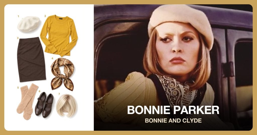 Cream Wool Beret, Mustard Ribbed Sweater, Brown Pencil Skirt and Brown Patterned Scarf beside Bonnie Parker