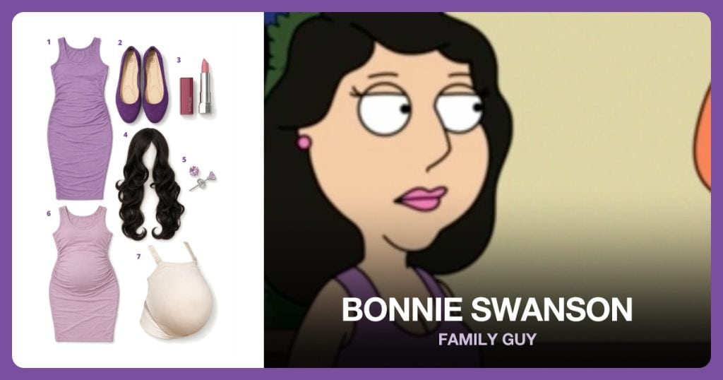 Purple Bodycon Dress, Purple Ballet Flats, Pink Lipstick and Black Wavy Wig beside Bonnie Swanson