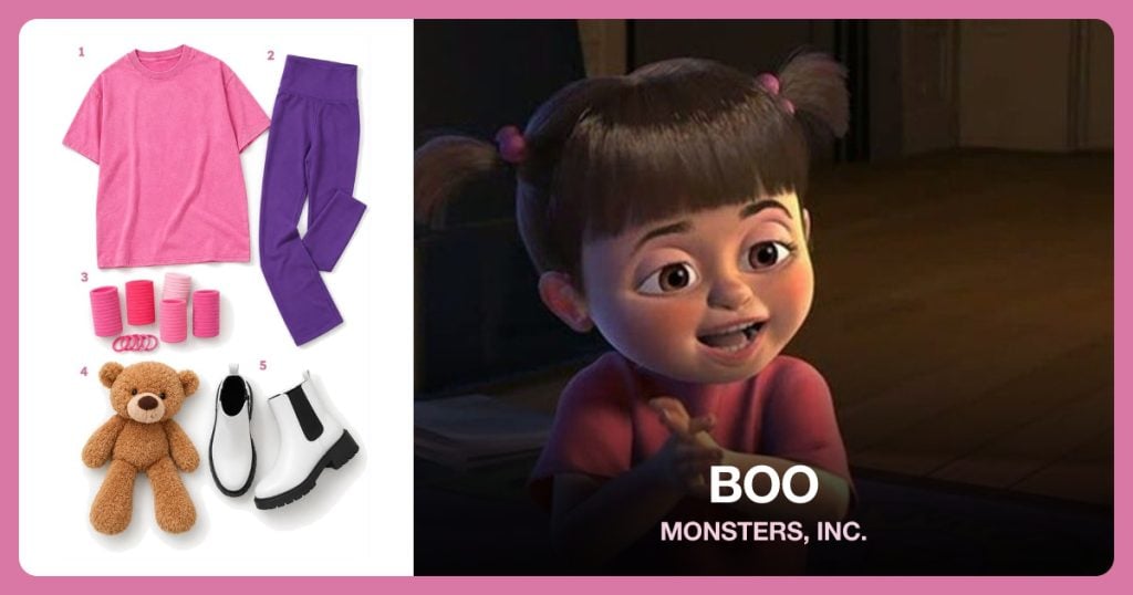 Oversized Pink T Shirt, Dark Purple Leggings, Pink Ponytail Hair Ties and Beige Teddy Bear Plush beside Boo