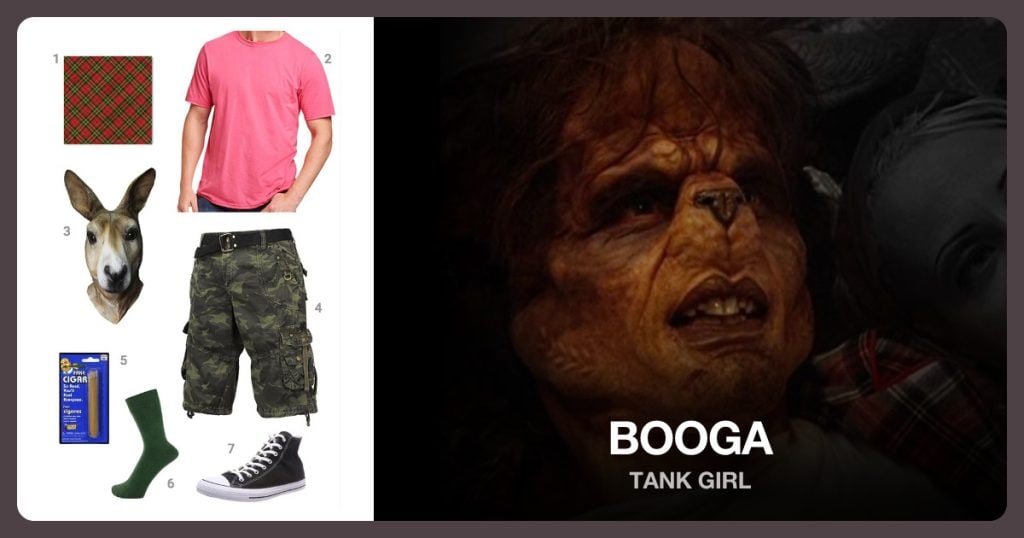 MultiColored Bandana, Cotton T-Shirt, Animal Head Masks and Cargo Shorts beside Booga
