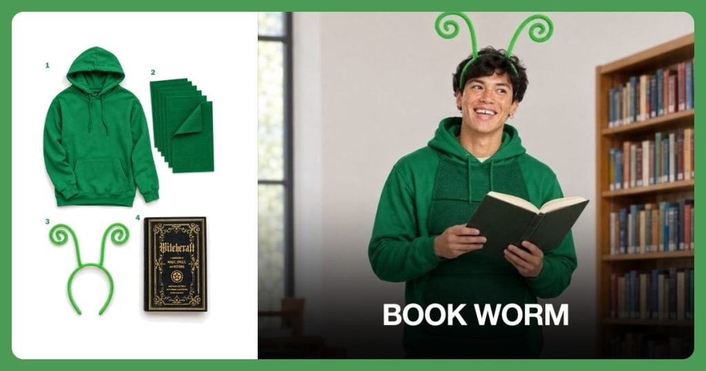 Green Hooded Sweatshirt, Green Felt Fabric, Green Antenna Headband and Hardcover Book Prop beside Book Worm