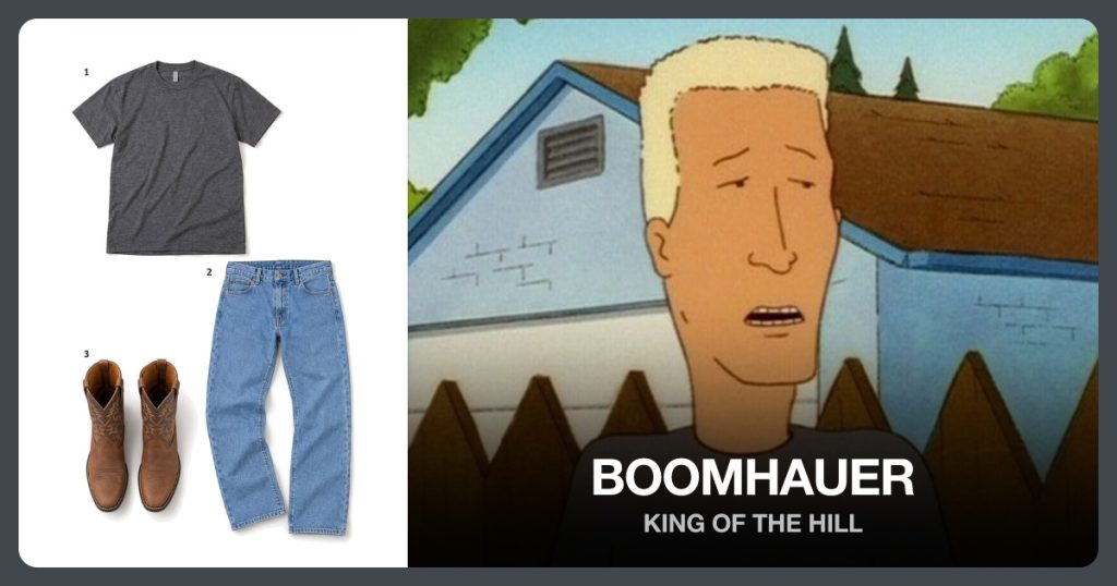 Charcoal Crewneck T Shirt, Blue Stonewash Straight Jeans and Brown Western Cowboy Boots beside Boomhauer