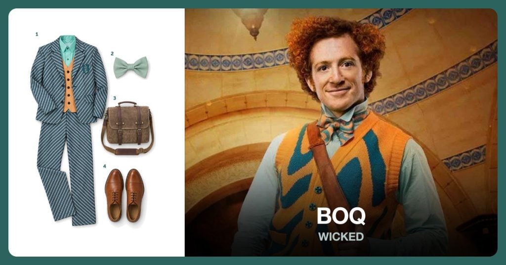 Boq Uniform Set, Sage Green Bow Tie, Brown Satchel Bag and Brown Oxford Shoes beside Boq