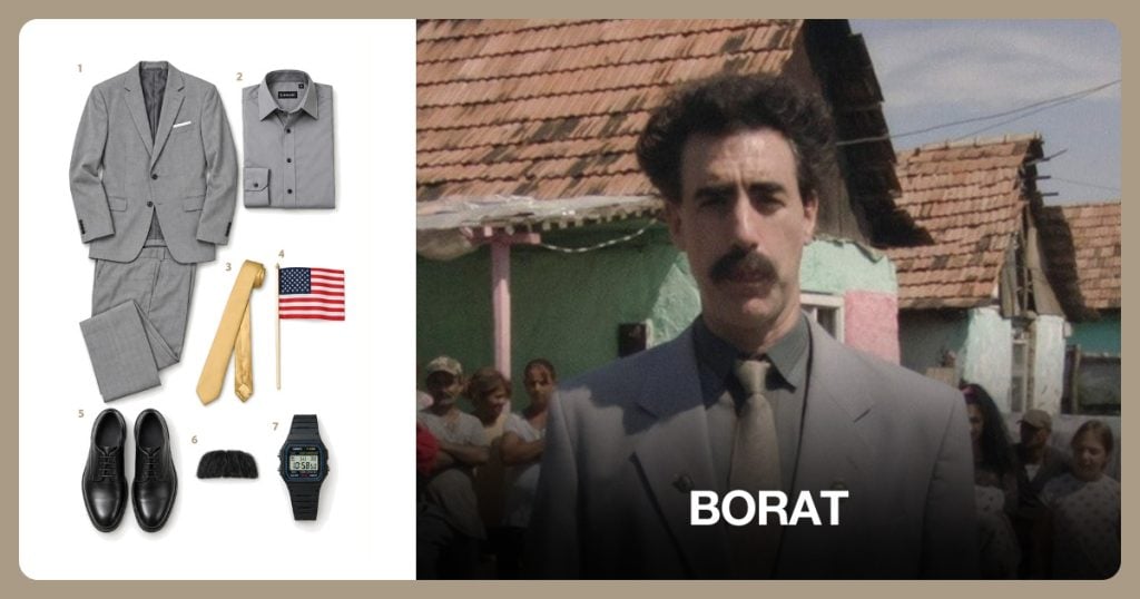 Gray Business Suit, Gray Dress Shirt, Gold Tie and American Flag beside Borat