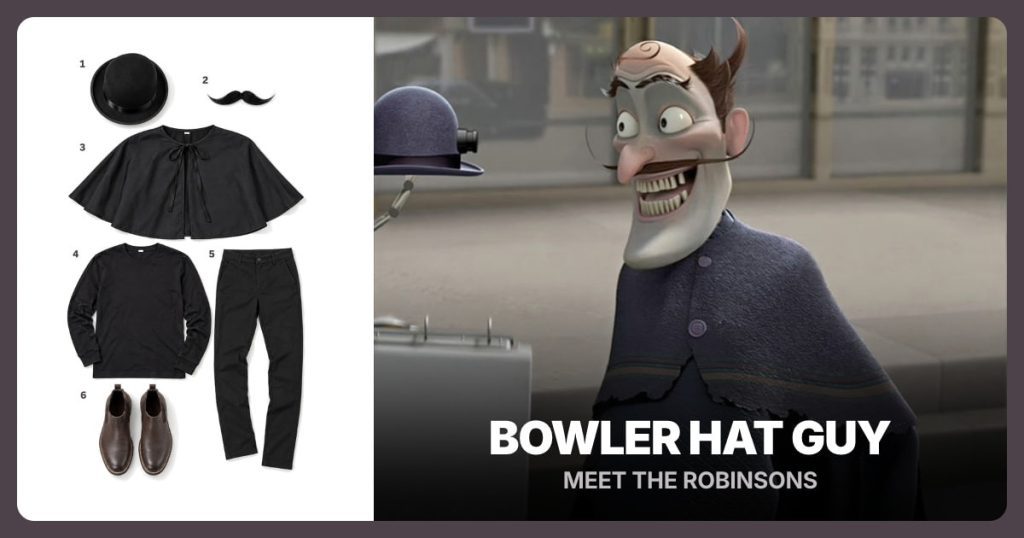 Black Bowler Hat, Black Handlebar Mustache, Black Short Cape and Black Slim-Fit Long Sleeve Shirt beside Bowler Hat Guy