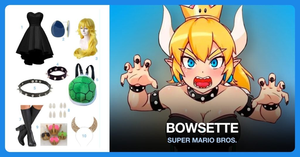 Black Gown, Stud Earrings, Blonde Wig and Spike Wristband beside Bowsette