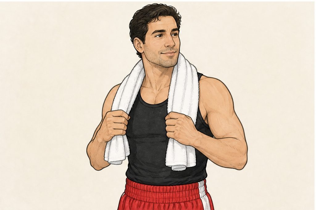 Drape white towel around shoulders