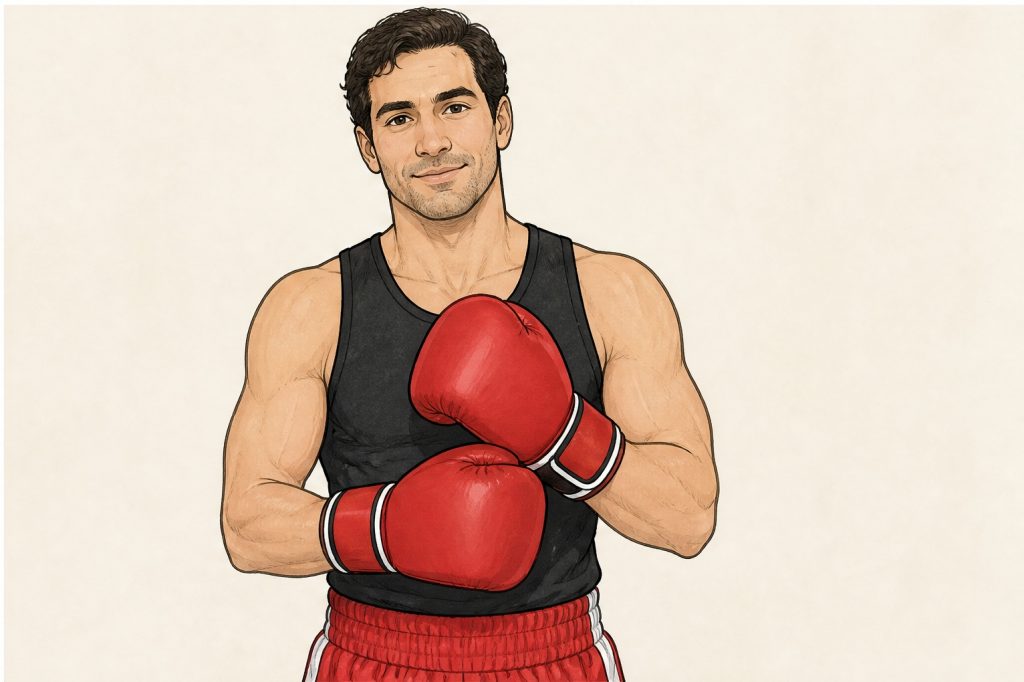 Slip on red boxing gloves for a photo